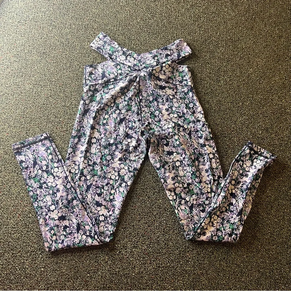 AERIE Criss Cross V Band Blue & Green Floral Stretch Spandex Leggings Pants Sz M - Picture 13 of 13
